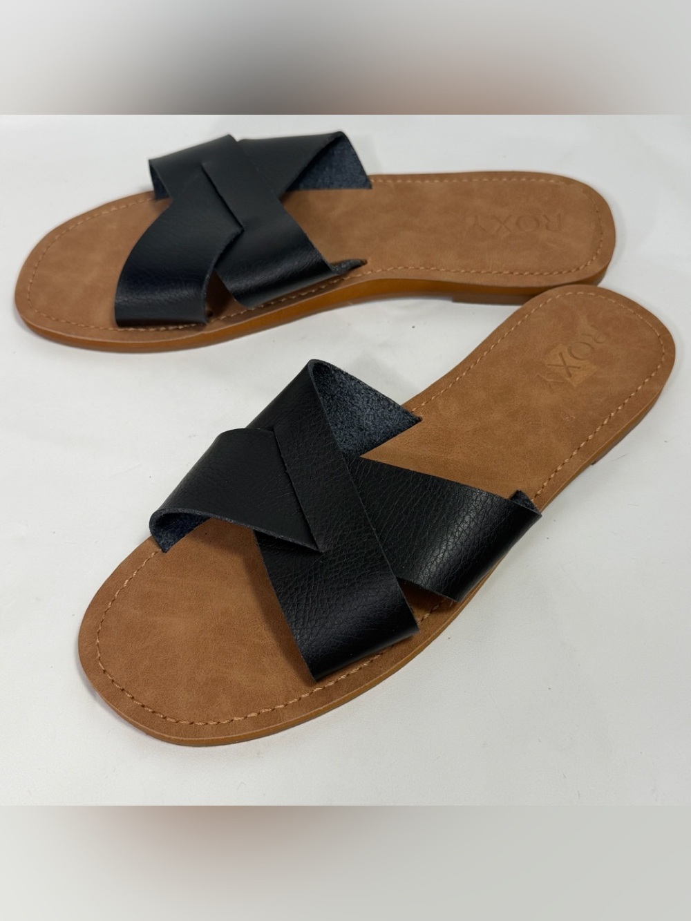 Roxy Black Slide Slip On Sandals 8 Flat Open Toe